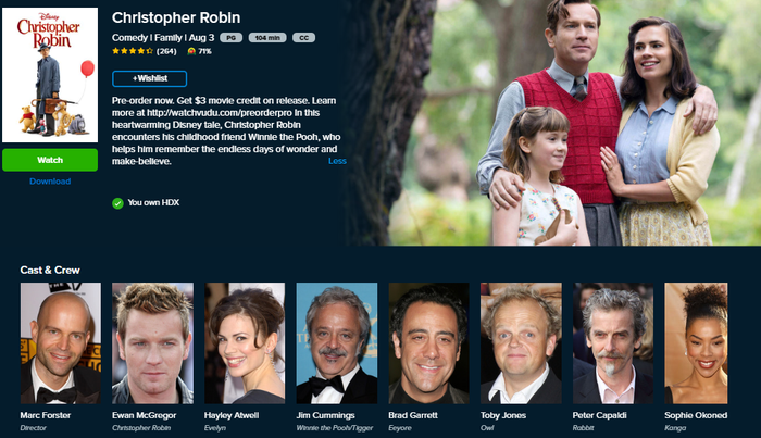 Christopher Robin HD Digital Code (2018) (Redeems in Movies Anywhere; HDX Vudu Fandango at Home & HD iTunes Apple TV Transfer From Movies Anywhere)