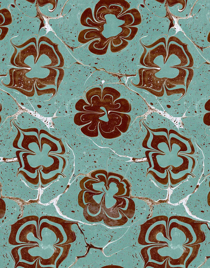 Patterned wallpaper with brown floral design on a blue background.