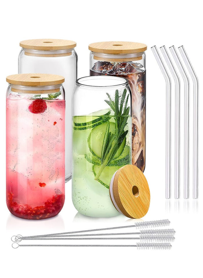 DAMCONME 20 oz Drinking Glasses with Bamboo Lids and Glass Straw - 4 Pcs Can Shaped Glass Cups Beer & Ice Coffee Glasses Cute Tumbler Cup Great for Soda Boba Tea Cocktail Include 4 Cleaning Brushes