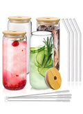 DAMCONME 20 oz Drinking Glasses with Bamboo Lids and Glass Straw - 4 Pcs Can Shaped Glass Cups Beer & Ice Coffee Glasses Cute Tumbler Cup Great for Soda Boba Tea Cocktail Include 4 Cleaning Brushes