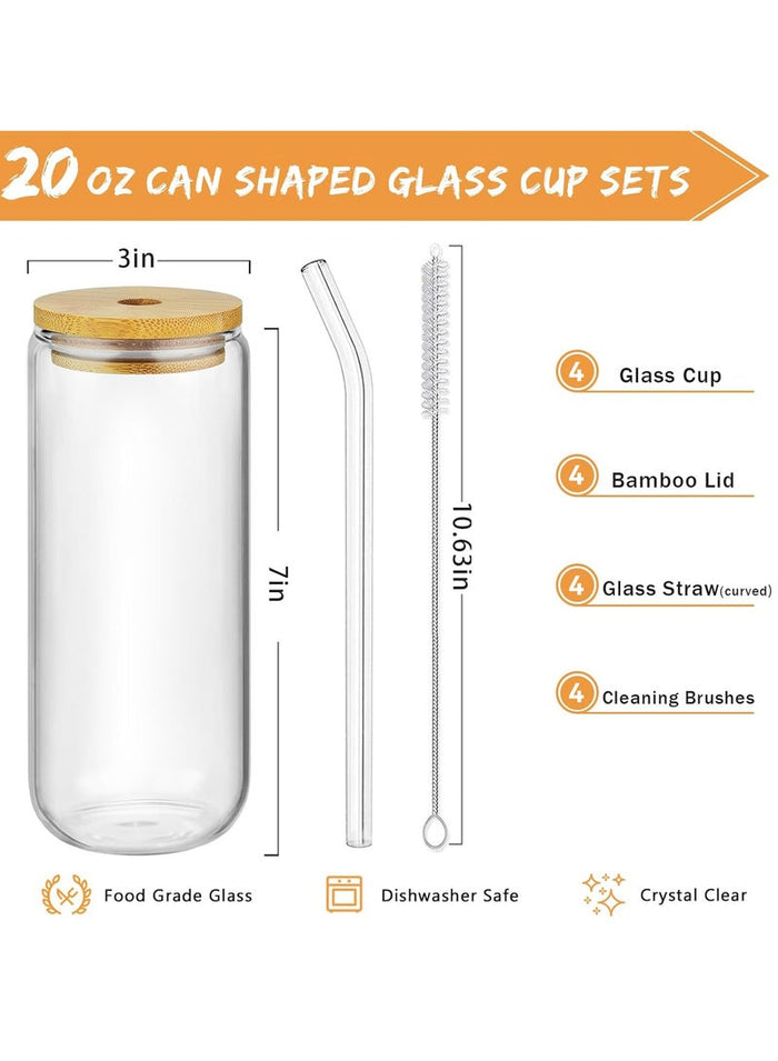 DAMCONME 20 oz Drinking Glasses with Bamboo Lids and Glass Straw - 4 Pcs Can Shaped Glass Cups Beer & Ice Coffee Glasses Cute Tumbler Cup Great for Soda Boba Tea Cocktail Include 4 Cleaning Brushes