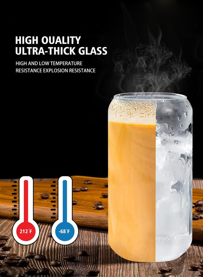 DAMCONME 20 oz Drinking Glasses with Bamboo Lids and Glass Straw - 4 Pcs Can Shaped Glass Cups Beer & Ice Coffee Glasses Cute Tumbler Cup Great for Soda Boba Tea Cocktail Include 4 Cleaning Brushes