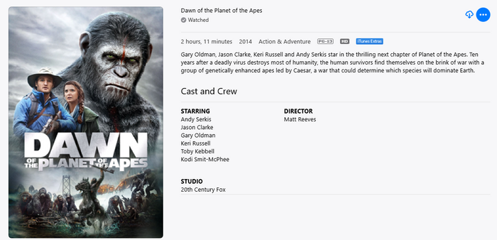 Dawn of the Planet of the Apes HD Digital Code (2014) (Redeems in Movies Anywhere; HDX Vudu & HD iTunes Transfer From Movies Anywhere)