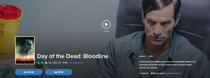 Day of the Dead: Bloodline Vudu Fandango at Home HDX Digital Code (2018)
