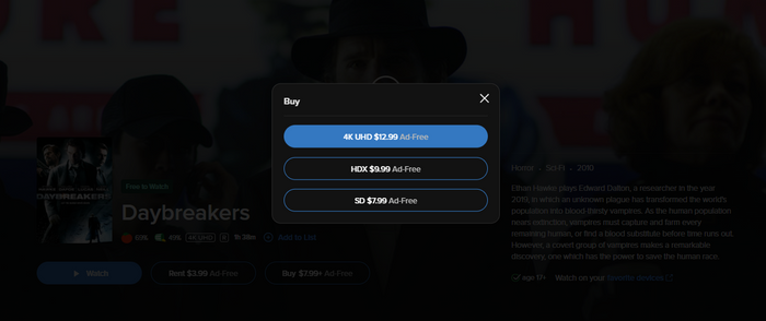 Daybreakers Vudu Fandango at Home 4K Digital Code (2010)