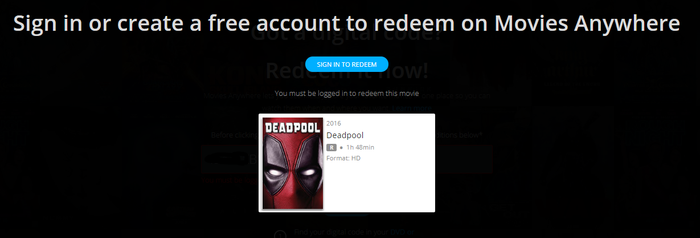 Deadpool HD Digital Code (2016) (Redeems in Movies Anywhere; HDX Vudu Fandango at Home & HD iTunes Apple TV Transfer From Movies Anywhere)