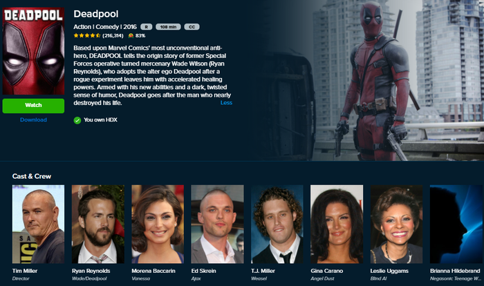Deadpool HD Digital Code (2016) (Redeems in Movies Anywhere; HDX Vudu Fandango at Home & HD iTunes Apple TV Transfer From Movies Anywhere)