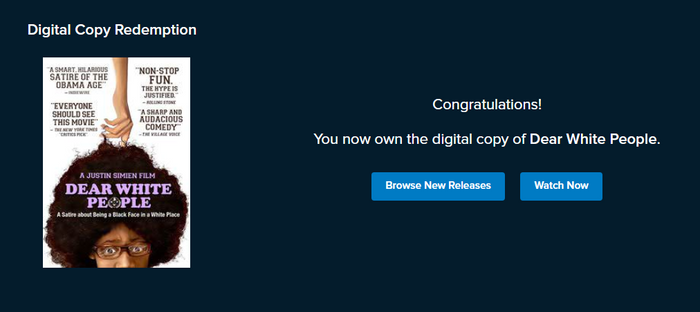 Dear White People Vudu Fandango at Home HDX Digital Code (2014)