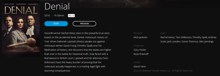 Denial HD Digital Code (2016) (Redeems in Movies Anywhere; HDX Vudu Fandango at Home & HD iTunes Apple TV Transfer From Movies Anywhere)