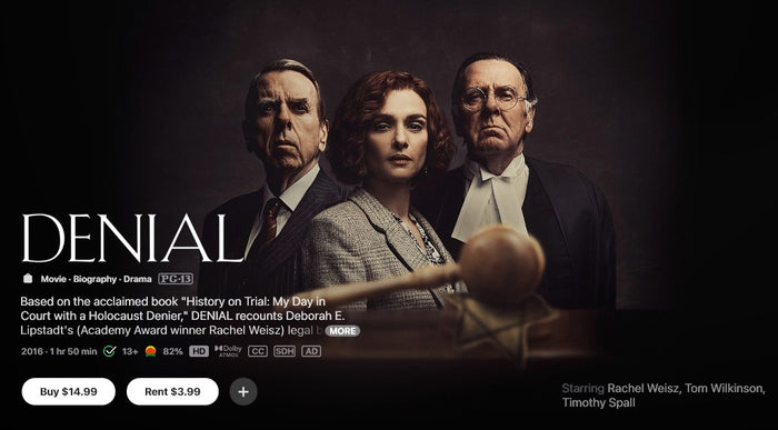 Denial HD Digital Code (2016) (Redeems in Movies Anywhere; HDX Vudu Fandango at Home & HD iTunes Apple TV Transfer From Movies Anywhere)