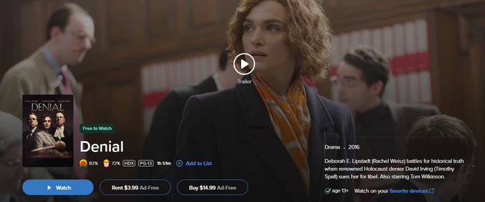 Denial HD Digital Code (2016) (Redeems in Movies Anywhere; HDX Vudu Fandango at Home & HD iTunes Apple TV Transfer From Movies Anywhere)
