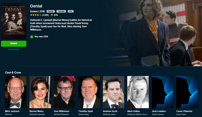 Denial HD Digital Code (2016) (Redeems in Movies Anywhere; HDX Vudu Fandango at Home & HD iTunes Apple TV Transfer From Movies Anywhere)