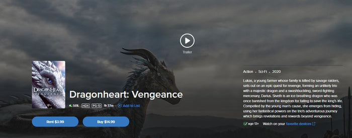 Dragonheart: Vengeance HD Digital Code (2020) (Redeems in Movies Anywhere; HDX Vudu Fandango at Home & HD iTunes Apple TV Transfer From Movies Anywhere)