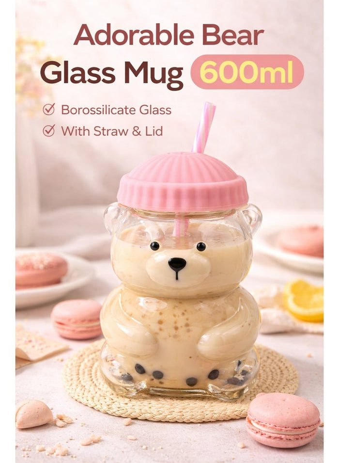 Dubai Aswaaq Cute Bear Glass Cup 600ML | Handmade Borosilicate Tumbler with Straw & Silicone Lid | Aesthetic Coffee Mug for Iced Coffee, Boba & Tea | Microwave Safe | Fast UAE Delivery 6 Vibrant Colors [PINK]