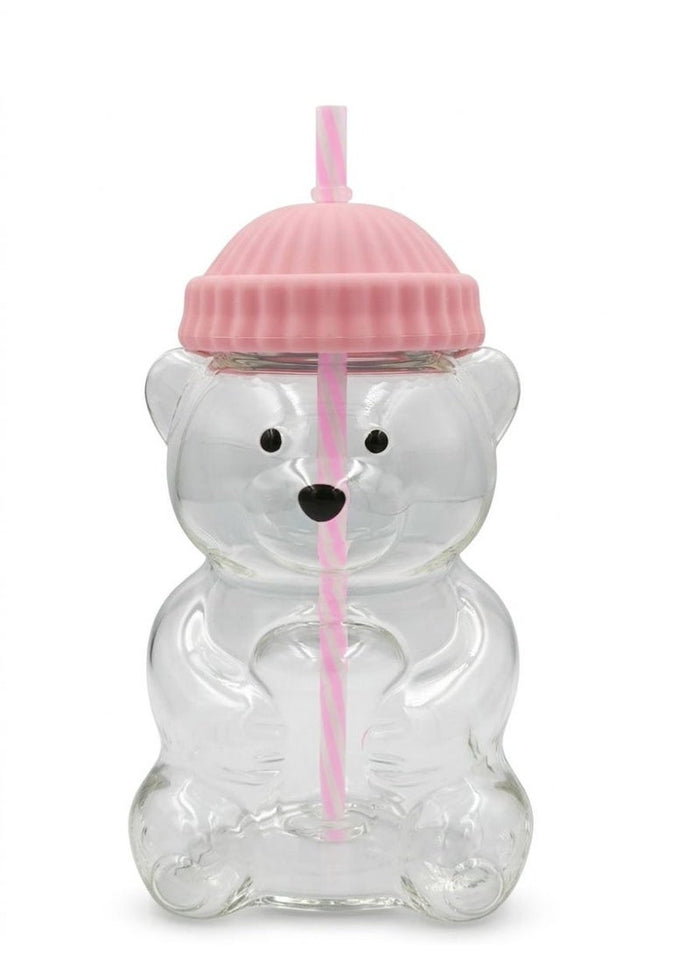 Dubai Aswaaq Cute Bear Glass Cup 600ML | Handmade Borosilicate Tumbler with Straw & Silicone Lid | Aesthetic Coffee Mug for Iced Coffee, Boba & Tea | Microwave Safe | Fast UAE Delivery 6 Vibrant Colors [PINK]