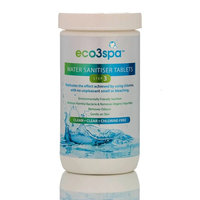 Container of eco3spa water sanitiser tablets on a white background