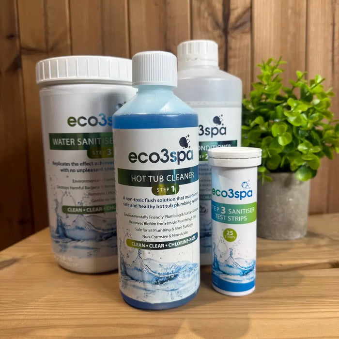 Collection of eco3spa hot tub care products on a wooden surface with a plant in the background.