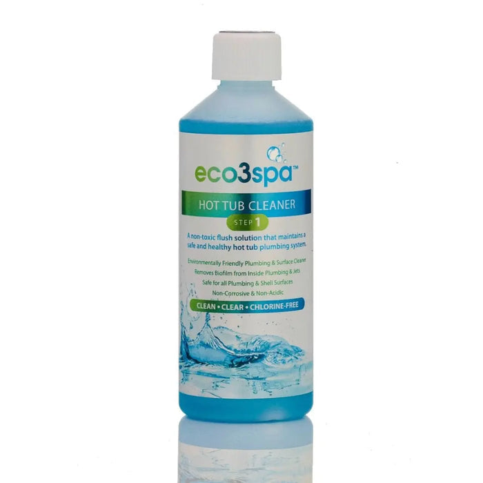 Bottle of eco3spa Hot Tub Cleaner on a white background