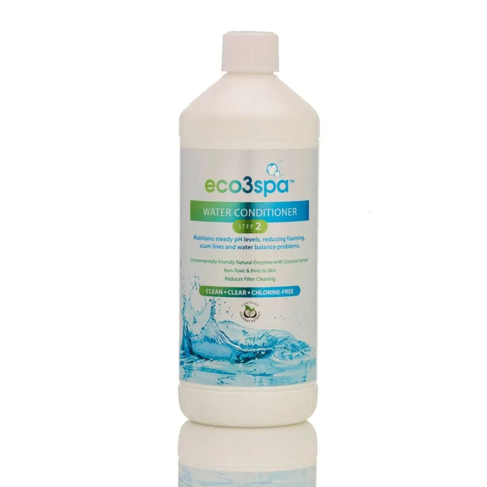 Bottle of eco3spa water conditioner on a white background