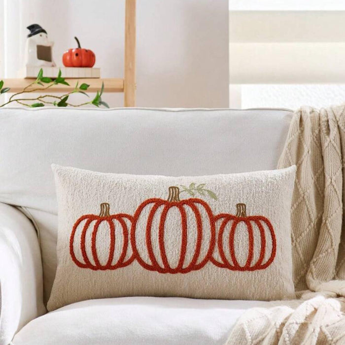 Embroidered Orange Pumpkin Lumbar Pillow Cover