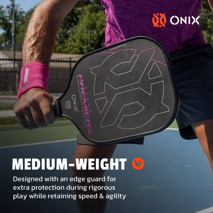 ONIX Evoke Premier Raw Carbon, medium weight, Designed with an edge guard for extra protection during rigorous play while retaining speed & agility
