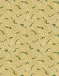 Patterned wallpaper with small leaf designs on a yellow background.