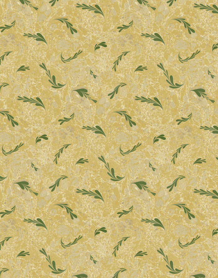 Patterned wallpaper with small leaf designs on a yellow background.