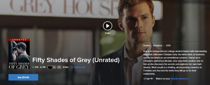Fifty Shades of Grey HD Digital Code (2015) (Redeems in Movies Anywhere; HDX Vudu Fandango at Home & HD iTunes Apple TV Transfer From Movies Anywhere)