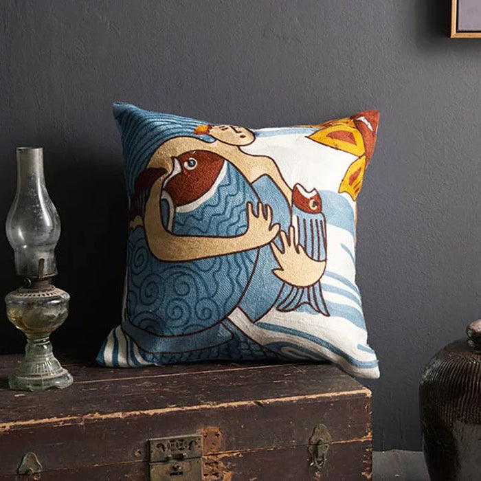 Fish of Plenty Mermaid Embroidered Throw Pillow Cover