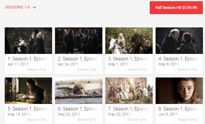 Game Of Thrones Seasons 1-6 Google TV HD Digital Code (60 Episodes, 6 Seasons, 1 Code)