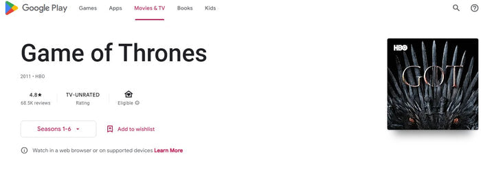 Game Of Thrones Seasons 1-6 Google TV HD Digital Code (60 Episodes, 6 Seasons, 1 Code)