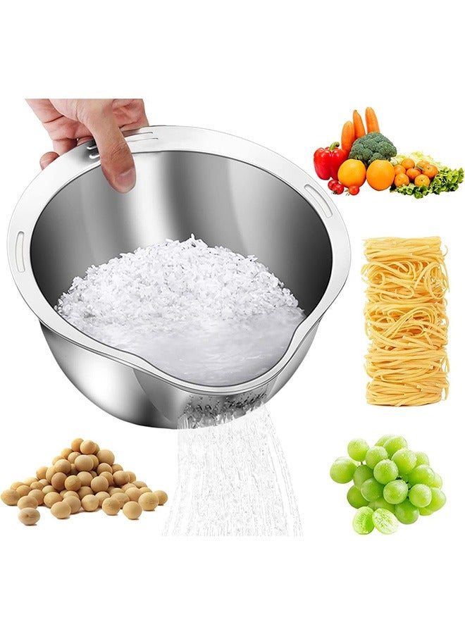 Garlo Rice Washer Strainer Bowl, Stainless Steel Washing Bowl for Rinsing Quinoa, Side Drainers Colander for Cleaning Fruits, Vegetables, and Beans - Versatile Kitchen Gadgets