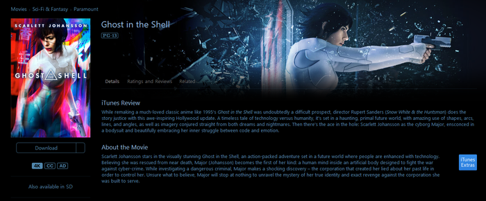Ghost in the Shell (2017) iTunes 4K Digital Code