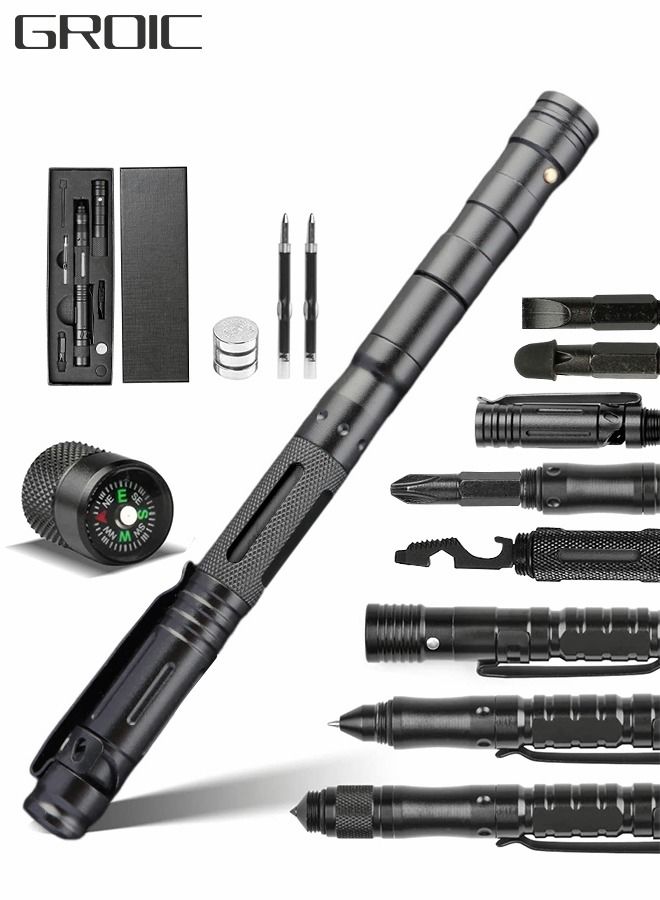 GROIC 13 IN 1 Tactical Pen Multitool Pen Gear EDC Survival Pen LED Flashlight Multitool Pen Cool Gadgets with Compass, window hammer, flint, screwdriver, whistle, etc