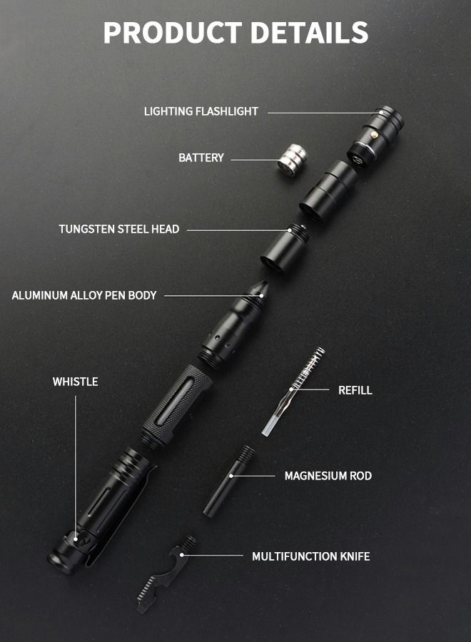 GROIC 13 IN 1 Tactical Pen Multitool Pen Gear EDC Survival Pen LED Flashlight Multitool Pen Cool Gadgets with Compass, window hammer, flint, screwdriver, whistle, etc