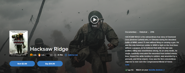 Hacksaw Ridge HD Digital Code (2016) (Redeems in Movies Anywhere; HDX Vudu Fandango at Home & HD iTunes Apple TV Transfer From Movies Anywhere)