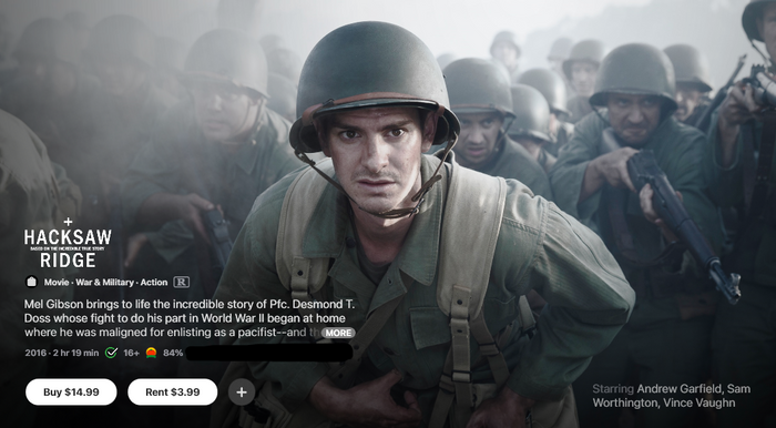 Hacksaw Ridge HD Digital Code (2016) (Redeems in Movies Anywhere; HDX Vudu Fandango at Home & HD iTunes Apple TV Transfer From Movies Anywhere)