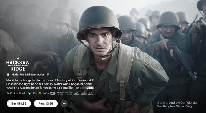 Hacksaw Ridge iTunes Apple TV 4K Digital Code (2016) (Redeems in iTunes Apple TV; 4K Vudu Fandango at Home Transfers Across Movies Anywhere)