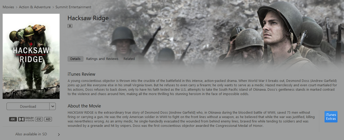 Hacksaw Ridge iTunes Apple TV 4K Digital Code (2016) (Redeems in iTunes Apple TV; 4K Vudu Fandango at Home Transfers Across Movies Anywhere)