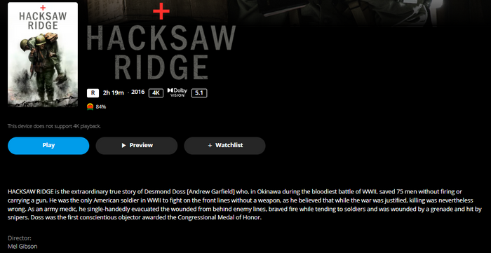 Hacksaw Ridge iTunes Apple TV 4K Digital Code (2016) (Redeems in iTunes Apple TV; 4K Vudu Fandango at Home Transfers Across Movies Anywhere)