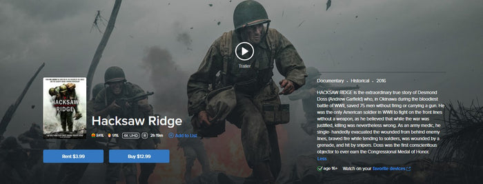 Hacksaw Ridge iTunes Apple TV 4K Digital Code (2016) (Redeems in iTunes Apple TV; 4K Vudu Fandango at Home Transfers Across Movies Anywhere)