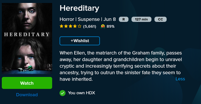 Hereditary Vudu HDX Digital Code