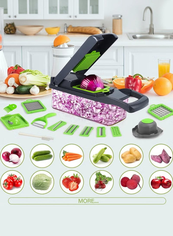 HOME 4 YOU Vegetable Chopper Pro Onion Chopper 14 in 1 Multifunctional Food Chopper Kitchen Vegetable Slicer Dicer Cutter Veggie Chopper With 8 Blades Carrot and Garlic Chopper With Container Compact Kitchen Gadgets Sets for Cooking