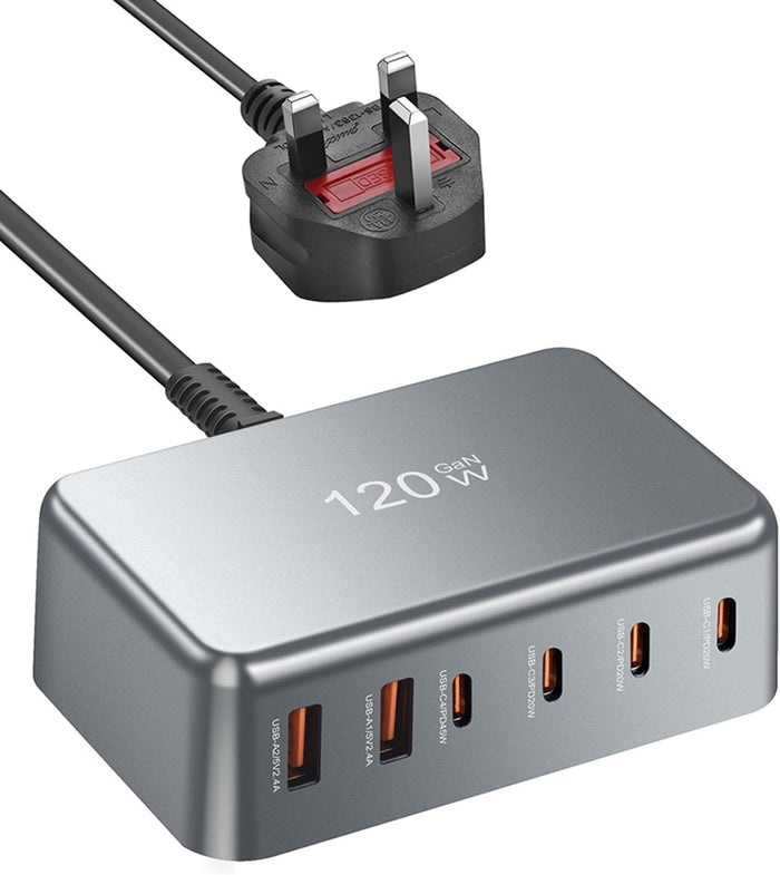 infino® 120W USB C Fast Charger Station - 6-Port GaN Wall Charger Power Adapter (4x USB-C 45W/20W,