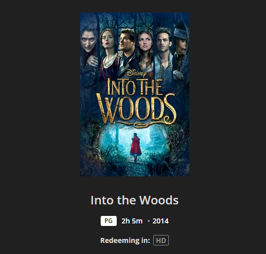 Into the Woods HD Digital Code (2014) (Redeems in Movies Anywhere; HDX Vudu Fandango at Home & HD iTunes Apple TV Transfer From Movies Anywhere)
