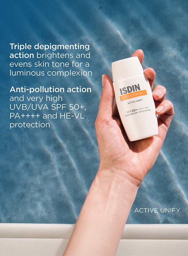 ISDIN Foto Ultra 100 Active Unify Fusion Fluid SPF 50+ [50Ml] - Non-Tinted Sunscreen With Triple Action Depigmenting Complex To Reduce Melasma And Spots