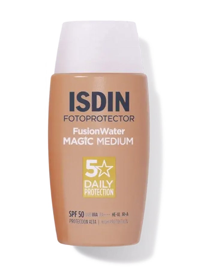 ISDIN Fotoprotector Fusion Water Magic Color (Medium) SPF 50 [50Ml] - Tinted Daily Face Sunscreen With Hyaluronic Acid For Natural Coverage And Oil Control