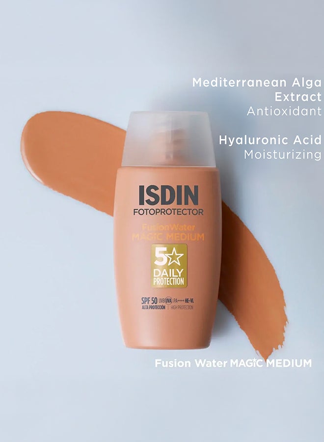 ISDIN Fotoprotector Fusion Water Magic Color (Medium) SPF 50 [50Ml] - Tinted Daily Face Sunscreen With Hyaluronic Acid For Natural Coverage And Oil Control