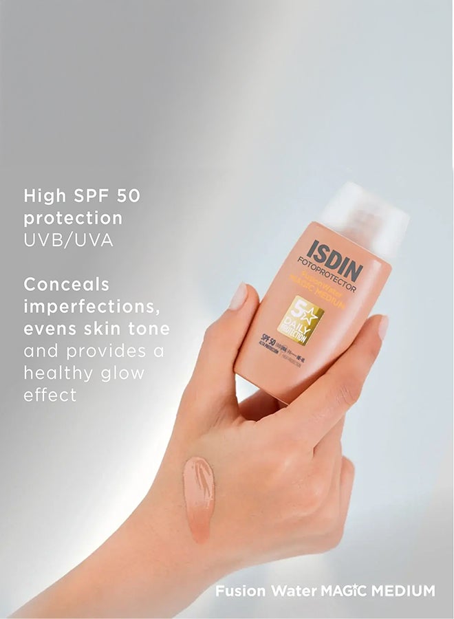 ISDIN Fotoprotector Fusion Water Magic Color (Medium) SPF 50 [50Ml] - Tinted Daily Face Sunscreen With Hyaluronic Acid For Natural Coverage And Oil Control