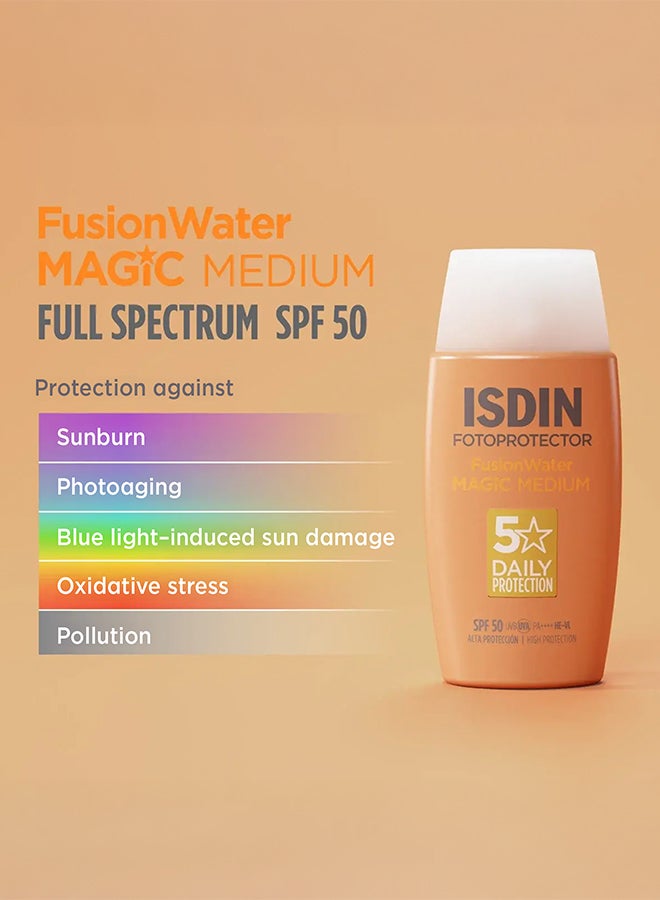 ISDIN Fotoprotector Fusion Water Magic Color (Medium) SPF 50 [50Ml] - Tinted Daily Face Sunscreen With Hyaluronic Acid For Natural Coverage And Oil Control